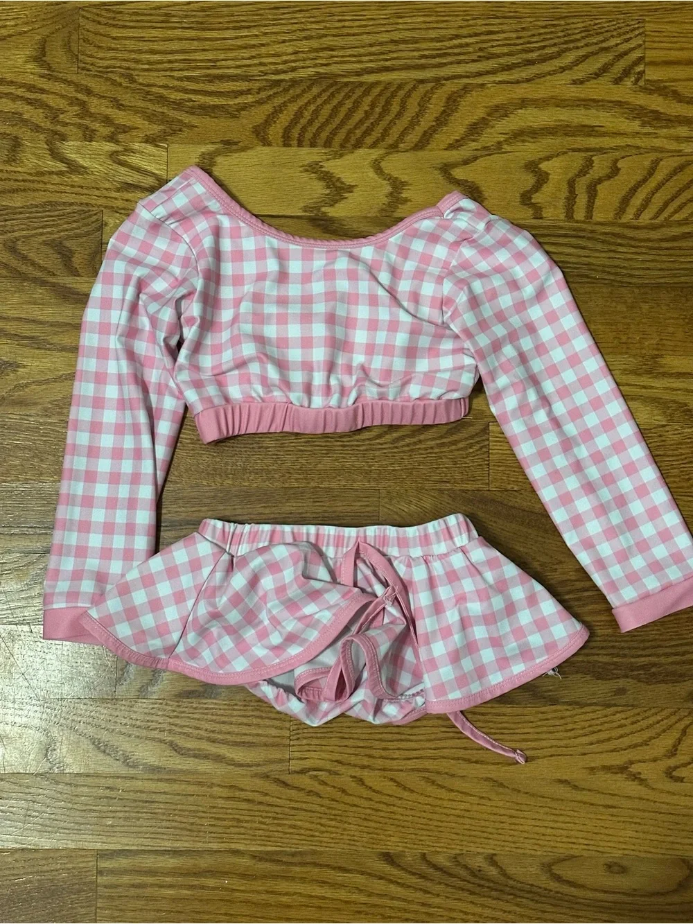 Kids Pink Gingham Long-Sleeve Bikini Set